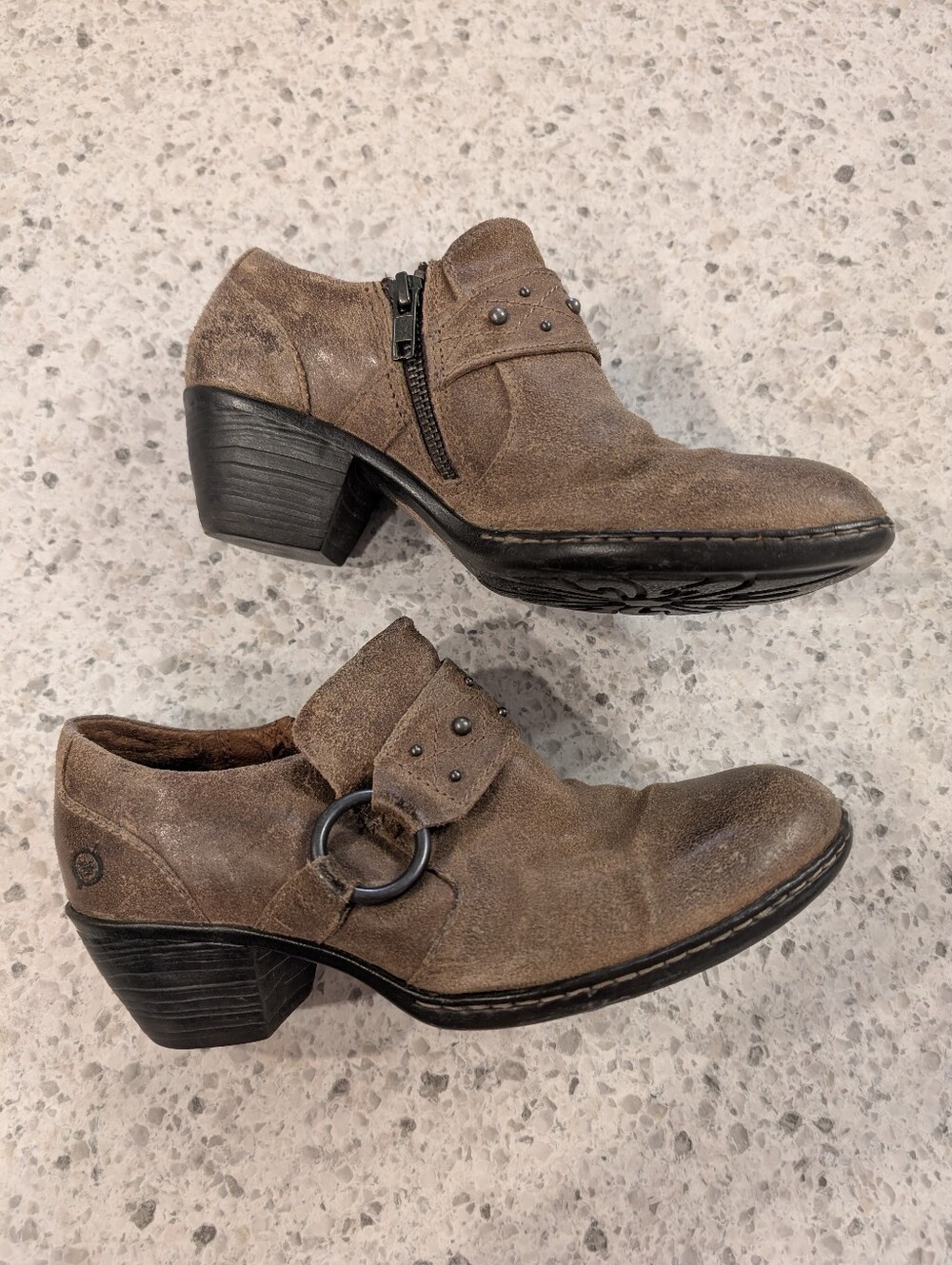 Born 6.5 Western Moto Boots Tan Leather Ankle Heeled Booties Distressed Chunky